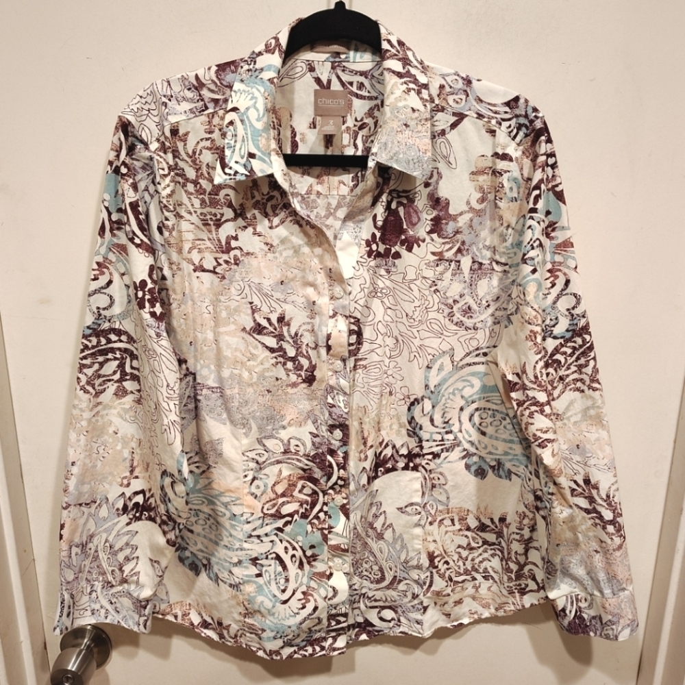 Chico's Multicolor Paisley Print Wrinkle Resistant Button Down Shirt Sz 3(XL)